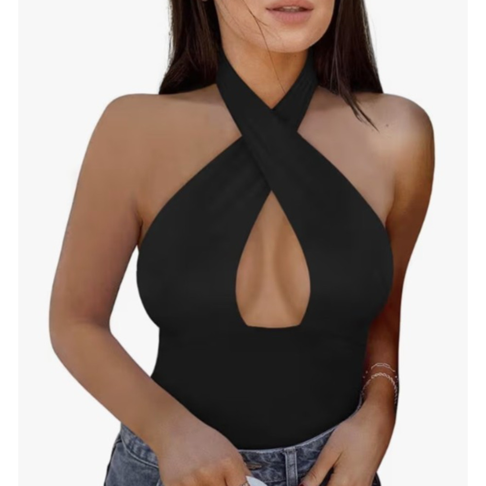 Womens Deep Neck Halter Criss Cross Top Thong Bodysuit XL Black Festival